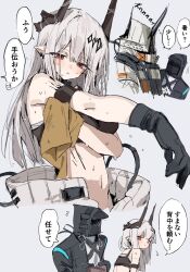 Rule 34 | 1girl, 1other, arknights, armband, black bra, black gloves, blush, bra, breasts, commentary, cowboy shot, cropped torso, demon horns, doctor (arknights), ear piercing, gloves, grey background, hair ornament, highres, holding, holding towel, horns, hot, jumpsuit, long hair, looking down, material growth, medium breasts, mudrock (arknights), mudrock (elite ii) (arknights), na tarapisu153, navel, open jumpsuit, oripathy lesion (arknights), parted lips, piercing, pointy ears, red eyes, simple background, solo focus, speech bubble, sports bra, standing, sweat, towel, translated, underwear, white hair, white jumpsuit, wiping sweat