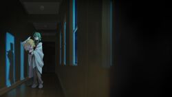 Rule 34 | 1girl, black shirt, blanket, blonde hair, bow, character doll, commentary, doll, green eyes, green hair, gumi, hair bow, hallway, highres, holding, holding doll, indoors, kagamine rin, lonely, medium hair, night, shadow, shirt, solo, standing, vocaloid, white bow, window, wounds404