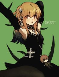 Rule 34 | 1girl, amane misa, belt collar, black dress, blonde hair, brown eyes, character doll, collar, cross, death note, detached sleeves, dress, english text, green background, hands up, happy birthday, ka (marukogedago), latin cross, long hair, looking at viewer, one side up, open mouth, simple background, solo, stretching, yagami light