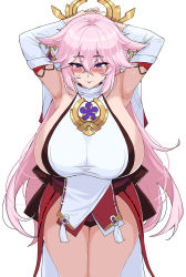 Rule 34 | 1girl, armpits, arms up, blush, breasts, cleavage, genshin impact, hair ornament, hella p, highres, huge breasts, japanese clothes, large breasts, miko, pink hair, yae miko