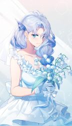 Rule 34 | 1girl, akitsuki (oenothera), blue eyes, blue hair, bow, breasts, bridal veil, bride, closed mouth, commentary request, commission, copyright request, dress, eyes visible through hair, flower, gloves, hair over one eye, highres, holding, holding flower, large breasts, long hair, looking at viewer, own hands together, solo, twitter username, upper body, veil, wedding dress, white dress, white gloves