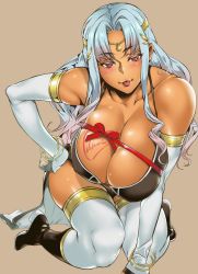 Rule 34 | 1girl, :p, bare shoulders, blue hair, blush, breasts, brown background, cleavage, daniella (sennen sensou aigis), dark skin, dark-skinned female, elbow gloves, gloves, hand on own hip, highres, kneeling, large breasts, long hair, looking at viewer, red eyes, sennen sensou aigis, shigaoka, simple background, solo, tongue, tongue out, valentine, white gloves