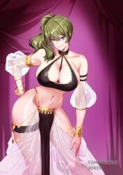 Rule 34 | 1girl, absurdres, alternate costume, armlet, artist name, breasts, commentary, contrapposto, crop top, curtains, dancer, detached sleeves, english commentary, green hair, halterneck, hand on own hip, harem outfit, highleg, highres, indoors, large breasts, long hair, looking at viewer, navel, panties, parted lips, pelvic curtain, purple eyes, see-through, see-through sleeves, side ponytail, smile, solo, sousou no frieren, string panties, thigh strap, tomorrowsjoker, ubel (sousou no frieren), underwear, wristlet