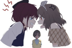 Rule 34 | 3girls, anger vein, black hat, blue eyes, blurry, blurry foreground, brown dress, brown eyes, chinese commentary, clenched teeth, collared shirt, commentary request, dress, ebizuka tomo, girls band cry, grey hair, hairband, hat, highres, iseri nina, looking at viewer, multiple girls, off-shoulder dress, off shoulder, open mouth, red eyes, red hair, rupa (girls band cry), saliva, shirt, short hair, short twintails, shouting, sweater vest, teeth, twintails, upper body, white hairband, white shirt, yellow sweater vest, yun cao bing