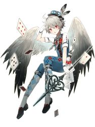 Rule 34 | 1boy, alice in wonderland, argyle, argyle clothes, argyle footwear, argyle pants, blue hat, blue pants, boater hat, boots, bow, bowtie, card, club (shape), cross-laced footwear, diamond (shape), feathered wings, food fantasy, gloves, grey hair, grey wings, hand up, hat, hat feather, heart, highres, holding, holding lance, holding polearm, holding weapon, index finger raised, lance, male focus, official art, pants, polearm, red eyes, short sleeves, solo, spade (shape), striped bow, striped clothes, striped footwear, tachi-e, transparent background, turkey (food fantasy), weapon, white footwear, white gloves, white rabbit (alice in wonderland), wings