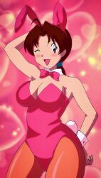 Rule 34 | 1girl, bare shoulders, breasts, brown eyes, brown hair, cleavage, creatures (company), curvy, delia ketchum, game freak, hand in own hair, hand on own hip, happy, highleg, highleg leotard, highres, large breasts, leotard, long hair, looking at viewer, low ponytail, nintendo, one eye closed, open mouth, pantyhose, playboy bunny, pokemon, pokemon (anime), pokemon (classic anime), ponytail, rabbit ears, shiny clothes, shiny skin, simple background, skindentation, smile, solo, standing, tekken papiyon, thighs, wide hips, wink