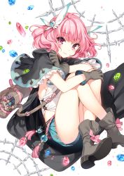 Rule 34 | 1girl, bag, bob cut, boots, cape, capelet, gem, gloves, green footwear, green gloves, hair ornament, knees to chest, hugging own legs, crossed legs, looking at viewer, nardack, pink eyes, pink hair, short hair, shoulder bag, sitting, skirt, smile, solo