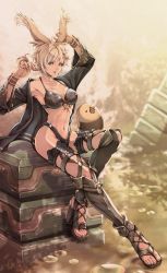 Rule 34 | 1girl, absurdres, animal ears, armpits, arms up, warrior of light (ff14), bikini, bikini top only, black bikini, blonde hair, blue eyes, blurry, blurry background, boots, bracelet, braid, braided ponytail, breasts, dark-skinned female, dark skin, final fantasy, final fantasy xiv, great serpent of ronka, highres, jacket, jewelry, long hair, looking at viewer, medium breasts, mihira (tainosugatayaki), navel, open clothes, open jacket, outdoors, rabbit ears, signature, sitting, swimsuit, thigh boots, toeless footwear, viera