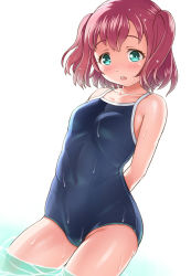 Rule 34 | 1girl, aqua eyes, arms behind back, bare arms, bare shoulders, blue one-piece swimsuit, blush, breasts, cameltoe, collarbone, competition school swimsuit, contrapposto, covered navel, cowboy shot, embarrassed, gonta (gshoutai), groin, hair between eyes, highres, kurosawa ruby, looking at viewer, love live!, love live! sunshine!!, one-piece swimsuit, partially submerged, raised eyebrows, red hair, ribs, school swimsuit, skin tight, skindentation, small breasts, solo, spaghetti strap, surprised, swimsuit, tareme, teeth, two side up, wading, water, wet, wet clothes, wet hair, white background