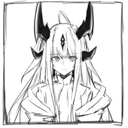 Rule 34 | 1girl, absurdres, ahoge, arknights, black border, border, dragon girl, dragon horns, greyscale, highres, horns, jacket, jacket on shoulders, long hair, looking at viewer, monochrome, multiple horns, open clothes, open jacket, reed (arknights), sketch, solo, sweater, touko (toko12 tooko), upper body