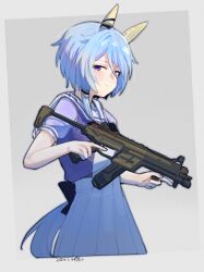 Rule 34 | 1girl, animal ears, blue eyes, blue hair, blush, commentary request, dated, hair between eyes, hair ornament, highres, horse ears, horse tail, k.s.miracle (umamusume), looking at viewer, r-99 smg, saramiao-chan, school uniform, smile, smug, solo, tail, tracen school uniform, umamusume, weapon, white background