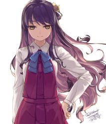 Rule 34 | 10s, 1girl, artist name, breasts, dated, hand on own hip, kantai collection, long hair, looking at viewer, multicolored hair, naganami (kancolle), purple hair, ribbon, rokuwata tomoe, simple background, small breasts, smile, solo, two-tone hair, white background, yellow eyes