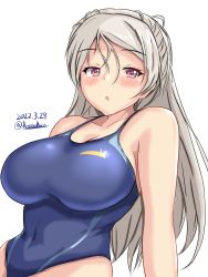 Rule 34 | 1girl, blue one-piece swimsuit, blush, breasts, brown eyes, collarbone, competition swimsuit, conte di cavour (kancolle), dated, highleg, highleg swimsuit, highres, kantai collection, large breasts, long hair, looking at viewer, montemasa, one-piece swimsuit, open mouth, silver hair, simple background, sitting, solo, swimsuit, twitter username, two side up, upper body, white background