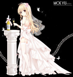 Rule 34 | 1girl, alcohol, bare shoulders, beamed eighth notes, black background, blush, breasts, bride, brown eyes, bug, butterfly, champagne, champagne bottle, champagne flute, closed mouth, commentary request, cup, dress, drinking glass, eighth note, flower, garter straps, hair between eyes, hair flower, hair ornament, high heels, holding, holding cup, insect, loading (verjuice), looking at viewer, looking to the side, musical note, original, pillar, pink flower, pink rose, quarter note, rose, see-through, shoes, sleeveless, sleeveless dress, small breasts, smile, solo, sparkle, standing, thighhighs, tiara, veil, wedding dress, white dress, white footwear, white thighhighs