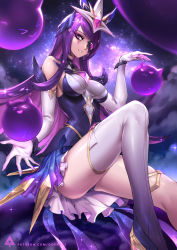 Rule 34 | 1girl, :3, alternate costume, alternate hair color, alternate hairstyle, boots, breasts, cameltoe, elbow gloves, eyepatch, forehead protector, gloves, high heel boots, high heels, highres, league of legends, long hair, magical girl, oopartz yang, purple eyes, purple hair, sitting, skirt, sky, solo, star (sky), star (symbol), star guardian (league of legends), star guardian syndra, starry sky, syndra, thigh boots, thighhighs, watermark, web address