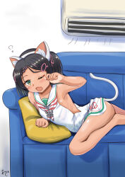 Rule 34 | 1girl, air conditioner, akashieru, animal ears, ass, black hair, blush, cat tail, couch, dress, fake animal ears, fake tail, green eyes, hair ornament, hairclip, highres, indoors, kantai collection, lying, mole, mole under eye, neckerchief, open mouth, sailor collar, sailor dress, scirocco (kancolle), short hair, sleeveless, sleeveless dress, solo, tail, two side up, white dress, white sailor collar, yawning