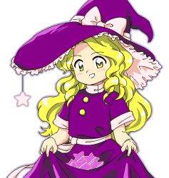 Rule 34 | 1girl, :d, blonde hair, bow, clothes lift, dress, dress lift, grey outline, hat, hat bow, kirisame marisa, kirisame marisa (pc-98), lifting own clothes, long hair, nonamejd, official style, open mouth, outline, purple dress, purple hat, sash, simple background, skirt basket, smile, solo, star (symbol), touhou, touhou (pc-98), turtleneck, white background, white bow, white sash, witch hat, yellow eyes, zun (style)