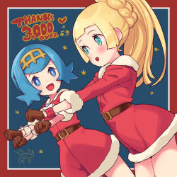 Rule 34 | 2girls, :d, alternate costume, aqua background, arched back, belt, blonde hair, blue eyes, blue hair, blush, border, braid, bright pupils, brown belt, brown gloves, christmas, clenched hands, creatures (company), dress, eye contact, eyelashes, game freak, gloves, green eyes, hairband, happy, heart, high ponytail, highres, kinocopro, lana (pokemon), lillie (pokemon), looking at another, milestone celebration, multiple girls, nintendo, no sclera, open mouth, pokemon, pokemon sm, ponytail, red border, red dress, santa costume, short dress, short hair, smile, star (symbol), thank you, yellow hairband, z-ring