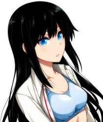 Rule 34 | 1girl, :o, alternate breast size, asashio (kancolle), bed sheet, black hair, blue eyes, blue sports bra, blush, breasts, collarbone, collared shirt, commentary request, dutch angle, highres, kantai collection, long hair, looking at viewer, medium breasts, open clothes, open shirt, parted lips, photoshop (medium), purple background, shirt, sidelocks, simple background, solo, sports bra, straight hair, unbuttoned, unbuttoned shirt, underwear, upper body, uron-rei, very long hair, white background, white shirt, wing collar