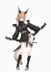 Rule 34 | 1girl, absurdres, alternate costume, animal ear fluff, animal ears, ankle wrap, bare shoulders, blue eyes, breasts, caracal (kemono friends), deku suke, dual wielding, extra ears, fingerless gloves, full body, gloves, hair between eyes, highres, holding, kemono friends, kunai, long hair, long sleeves, looking at viewer, looking to the side, medium breasts, orange hair, pigeon-toed, puffy long sleeves, puffy sleeves, sandals, simple background, smile, solo, standing, sword, tail, thigh strap, toeless legwear, weapon, white background
