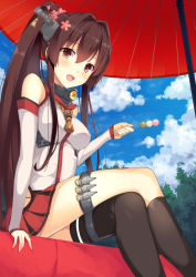 Rule 34 | 10s, 1girl, :d, asymmetrical legwear, bare shoulders, blue sky, breasts, brown eyes, brown hair, cherry blossoms, dango, day, detached sleeves, flower, food, hair flower, hair ornament, hatsu (first snow), headgear, kantai collection, kneehighs, long hair, looking at viewer, medium breasts, oil-paper umbrella, open mouth, pleated skirt, ponytail, red skirt, sanshoku dango, single kneehigh, single sock, single thighhigh, sitting, skirt, sky, smile, socks, solo, thighhighs, type 91 armor-piercing shell, umbrella, uneven legwear, wagashi, yamato (kancolle)