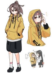 Rule 34 | alternate costume, black footwear, black shorts, brown eyes, brown hair, clothes writing, hands in pockets, headband, highres, hinata hibari, hood, hood down, hood up, hoodie, kantai collection, long hair, multiple girls, multiple views, parted lips, ponytail, shorts, shouhou (kancolle), simple background, smile, socks, standing, translation request, white background, white socks, yellow hoodie, zuihou (kancolle)