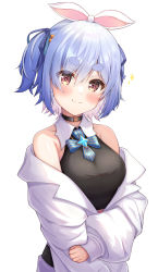 Rule 34 | 1girl, absurdres, bare shoulders, blue hair, blush, bow, bowtie, breasts, carrot hair ornament, cosplay, dress, food-themed hair ornament, hair ornament, highres, hololive, hololive indonesia, looking at viewer, medium breasts, moona hoshinova, moona hoshinova (cosplay), multicolored hair, off-shoulder dress, off shoulder, rabbit girl, simple background, smile, solo, suicabar72, thick eyebrows, twintails, two-tone hair, usada pekora, virtual youtuber, white background