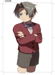 Rule 34 | 1boy, ace attorney, crossed arms, grey eyes, grey hair, long sleeves, looking to the side, male focus, miles edgeworth, parted bangs, ribbon, shorts, solo, standing, wahootarou, white background
