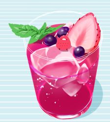 Rule 34 | artist name, blueberry, chai (drawingchisanne), drink, food, food focus, fruit, glass, ice, ice cube, no humans, original, simple background, sitting, strawberry, striped, striped background, sweets bird