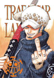Rule 34 | 1boy, blue hair, character name, earrings, facial hair, fuzzy hat, goatee, hat, jacket, jewelry, jolly roger, kyo (pixiv2376063), male focus, middle finger, one piece, ootachi, pirate, scabbard, sheath, sheathed, solo, string, string of fate, sword, tattoo, trafalgar law, weapon