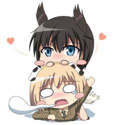 Rule 34 | 2girls, animal ears, bad id, bad pixiv id, black hair, blonde hair, blue eyes, blush stickers, chibi, dominica s. gentile, head wings, heart, jane t. godfrey, military, military uniform, multiple girls, norayinu, o o, open mouth, spirit, strike witches, strike witches: kurenai no majo-tachi, tail, tears, uniform, wings, world witches series