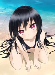 Rule 34 | 10s, 1girl, accel world, antenna hair, barefoot, beach, bikini, black hair, blush, flat chest, from above, goribote, kuroyukihime, long hair, looking at viewer, looking up, navel, outdoors, red eyes, sitting, snowflakes, solo, swimsuit, symbol-shaped pupils, wariza, water