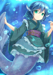 Rule 34 | 1girl, blue hair, bubble, fins, fish, green eyes, head fins, japanese clothes, kimono, looking at viewer, mermaid, monster girl, niiya, pout, short hair, solo, touhou, underwater, wakasagihime, wide sleeves
