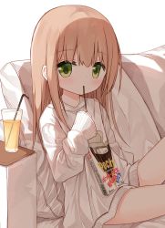 Rule 34 | 1girl, bendy straw, blush, box, brown hair, closed mouth, commentary request, cup, cushion, drink, drinking glass, drinking straw, food, green eyes, hair between eyes, holding, holding food, long hair, long sleeves, looking at viewer, original, pocky, shirt, sitting, sleeves past wrists, solo, very long hair, waka (yuuhagi (amaretto-no-natsu)), white shirt, wide sleeves, yuuhagi (amaretto-no-natsu)