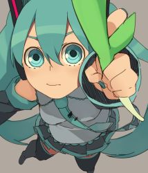 Rule 34 | 1girl, aqua eyes, aqua hair, bad id, bad pixiv id, cats brain, detached sleeves, from above, hatsune miku, long hair, looking at viewer, looking up, skirt, solo, spring onion, thighhighs, twintails, vocaloid