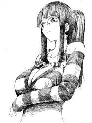 Rule 34 | 1girl, breast hold, breast rest, breasts, cleavage, collarbone, female focus, glasses, greyscale, kotoba, kotoba (kotobato), large breasts, long hair, long sleeves, looking to the side, monochrome, nico robin, nico robin (strong world), one piece, one piece: strong world, ponytail, shirt, simple background, solo, striped clothes, striped shirt, striped sweater, sweater, upper body, white background