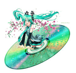 Rule 34 | aqua hair, bug, butterfly, cd, cdrom, detached sleeves, flower, green eyes, hatsune miku, insect, skirt, solo, thighhighs, twintails, vocaloid
