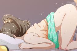 Rule 34 | 1boy, 1girl, aqua skirt, bare arms, bare shoulders, bed sheet, blush, breasts, brown hair, clothed sex, clothes lift, ear blush, face in pillow, from side, hair ornament, hair scrunchie, hetero, highres, hori yuko, idolmaster, idolmaster cinderella girls, long hair, medium breasts, panties, panty pull, pillow, pink panties, ponytail, purple background, scrunchie, sex, sex from behind, shirt, simple background, skirt, skirt lift, sleeveless, sleeveless shirt, solo focus, sweat, textless version, top-down bottom-up, underwear, wasabi (wasalongt), yellow shirt