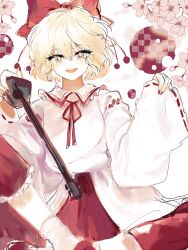 Rule 34 | 1girl, :d, absurdres, blonde hair, bow, bow (music), cherry blossoms, cowboy shot, erhu, frilled shirt collar, frills, hair bow, highres, holding, holding instrument, instrument, japanese clothes, kariginu, long sleeves, neck ribbon, open mouth, red bow, red nails, red ribbon, red skirt, ribbon, satsuki rin, shirt, skirt, smile, solo, stardustreverle, teeth, touhou, upper teeth only, white hair, white shirt, white sleeves, wide sleeves, yellow eyes