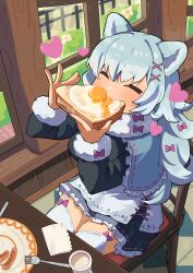 Rule 34 | 1girl, animal ears, bow, chair, closed eyes, commission, eating, food, fork, fox ears, fried egg, fried egg on toast, garter straps, gradient hair, greentanuki, grey hair, hair bow, hair ornament, heart, highres, holding, holding food, long hair, long sleeves, multicolored hair, original, pink bow, plate, sitting, skeb commission, solo, table, thighhighs, toast, white hair, white thighhighs, x hair ornament