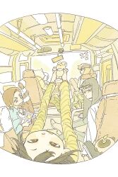 5girls asakusa_midori asymmetrical_bangs baseball_cap bus_interior doumeki_parker drawing_tablet eizouken_ni_wa_te_wo_dasu_na! eyewear_on_head fisheye glasses goblet_42 green_hoodie hat highres holding holding_stuffed_toy hood hoodie kanamori_sayaka long_sleeves mizusaki_tsubame multiple_girls shirt short_hair striped_clothes stuffed_animal stuffed_rabbit stuffed_toy white_shirt