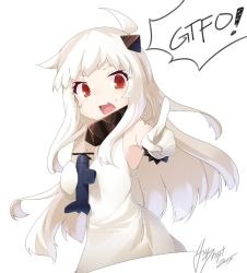 Rule 34 | 10s, 1girl, abyssal ship, colored skin, dress, english text, gloves, horns, kantai collection, long hair, looking at viewer, northern ocean princess, pointy ears, profanity, red eyes, signature, simple background, solo, tilt-shift (azalanz), upper body, white background, white dress, white gloves, white hair, white skin