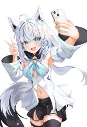 Rule 34 | 1girl, :d, absurdres, ahoge, animal ears, aqua eyes, arm up, armpits, black shorts, blue neckerchief, braid, breasts, cellphone, commentary request, detached sleeves, fox ears, fox girl, fox tail, front slit, hair between eyes, highres, hololive, hood, hooded vest, hoodie, jin kemi, long hair, medium breasts, navel, neckerchief, open mouth, pentagram, phone, shirakami fubuki, shirakami fubuki (1st costume), short shorts, shorts, side braid, sidelocks, simple background, single thighhigh, smartphone, smile, solo, strapless, tail, taking picture, thigh strap, thighhighs, v, very long hair, vest, virtual youtuber, white background, white hair, white sleeves, wide sleeves