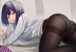 Rule 34 | 1girl, absurdres, ass, black hair, breasts, brown pantyhose, cellphone, commentary request, harris hero, highres, large breasts, long sleeves, looking at viewer, midriff peek, nijisanji, hugging object, on bed, panties, panties under pantyhose, pantyhose, phone, pillow, pillow hug, shirt, shizuka rin, short hair, smartphone, solo, thighs, underwear, virtual youtuber, white shirt, yellow eyes