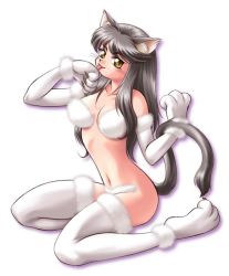 Rule 34 | 1girl, animal ears, animal hands, bikini, black hair, blush, boots, breasts, brown eyes, byokugen, cat ears, cat girl, cat tail, claws, collarbone, fur-trimmed boots, fur-trimmed gloves, fur bikini, fur trim, gloves, grey footwear, grey gloves, large breasts, licking, licking hand, long hair, looking at viewer, navel, original, paw gloves, paw shoes, smile, swimsuit, tail, thigh boots, whiskers, white background, white bikini