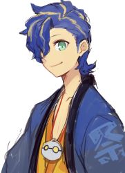 Rule 34 | 1boy, alternate hairstyle, astel leda, blonde hair, blue hair, closed mouth, commentary request, green eyes, hair over one eye, highres, holostars, jacket, japanese clothes, kimono, looking at viewer, male focus, multicolored hair, nakamura eight, official alternate costume, short hair, simple background, sketch, smile, solo, two-tone hair, upper body, virtual youtuber, white background