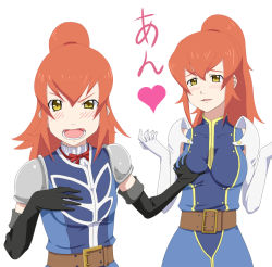 Rule 34 | 00s, 2girls, armor, belt, blush, breasts, chastel aiheap, elbow gloves, frills, gloves, grabbing, grabbing another&#039;s breast, hisca aiheap, incest, long hair, multiple girls, open mouth, orange hair, ponytail, ribbon, siblings, sisters, tales of (series), tales of vesperia, tales of vesperia: the first strike, white background, yellow eyes, yoshida keiji