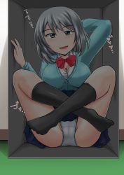 Rule 34 | 1girl, arm behind head, black socks, blue eyes, blue sweater, blush, bow, bowtie, box, breasts, cameltoe, cardboard box, cardigan, cleavage, commentary, crotch seam, dress shirt, fang, grey hair, grey panties, highres, homare (suzu no oka), indian style, indoors, legs, legs up, looking at viewer, medium breasts, motion lines, no shoes, open mouth, panties, red bow, red bowtie, shirt, sitting, smile, socks, solo, sweater, tejina senpai, tejina senpai (series), underwear, white shirt
