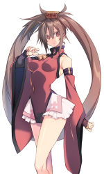 Rule 34 | 10mo, 1girl, blush, brown eyes, brown hair, china dress, chinese clothes, covered erect nipples, covered navel, detached sleeves, dress, frilled skirt, frills, guilty gear, guilty gear x, guilty gear xx, hair between eyes, highres, kuradoberi jam, long hair, looking at viewer, simple background, skirt, solo, thighs, white background, wide sleeves