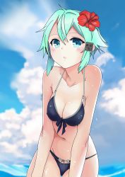 Rule 34 | 1girl, absurdres, bikini, black bikini, blue eyes, blue hair, blue sky, blurry, blurry background, blush, breasts squeezed together, breasts, cleavage, cloud, day, flower, groin, hair between eyes, hair ornament, hairclip, hibiscus, highres, leaning forward, looking at viewer, medium breasts, motchi001, navel, ocean, open mouth, outdoors, short hair, sideboob, sinon, sky, solo, swimsuit, sword art online, thigh gap